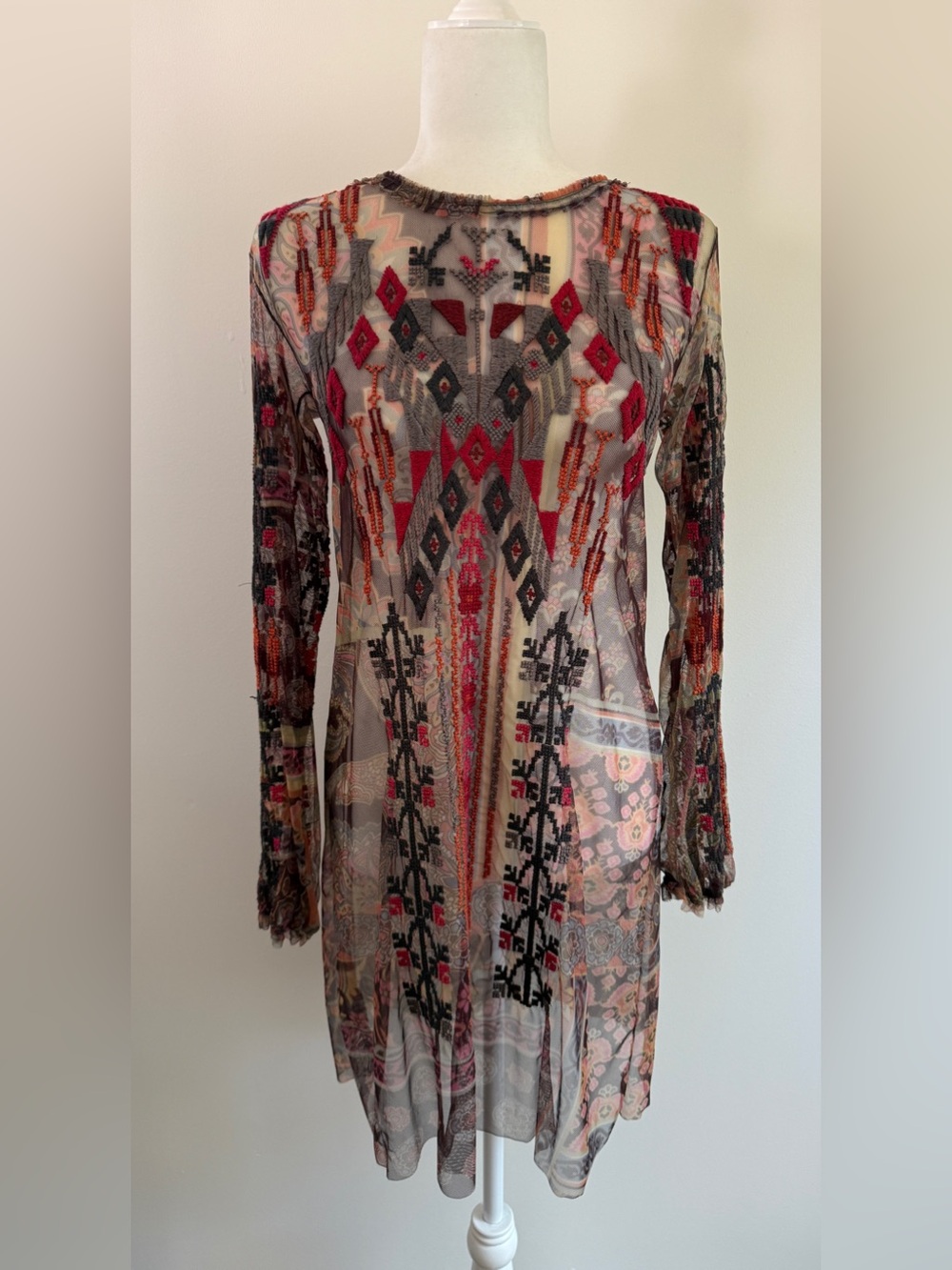 Johnny Was Biya Long Sleeve Mesh Embroidered Dress |‎ XS | Worn Once